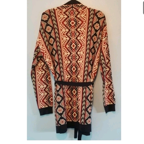 Under Skies Aztec Tribal Dark Red Navy Blue Belted Open Cardigan Size M Boho - Picture 2 of 6